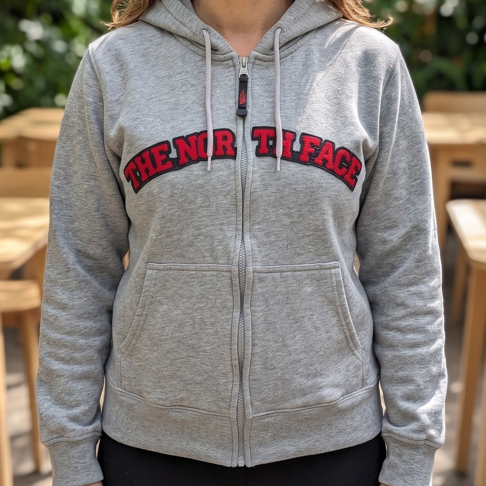 The North Face Womens Full Zip Hoodie Gray Red Arched Logo Fleece Sweatshirt